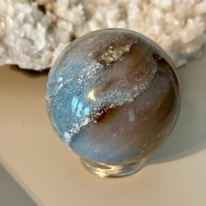 🌊 Ocean Jasper Crystal Sphere – Polished with Quartz Veining 🌊 w/ Stand